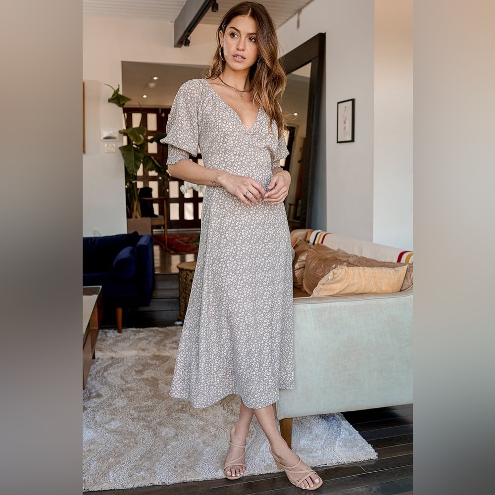 Lulus Times With You Sage Green Floral Print Puff Sleeve Midi Dress Size Medium - Picture 4 of 15